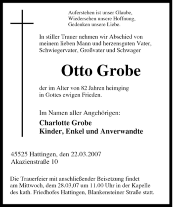 Traueranzeige von Otto Grobe von Tageszeitung