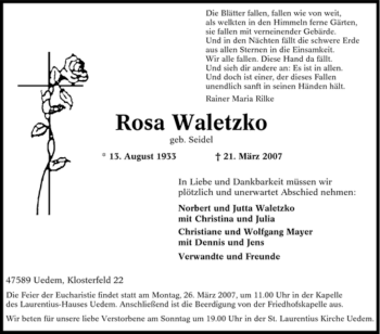Traueranzeige von Rosa Waletzko von Tageszeitung