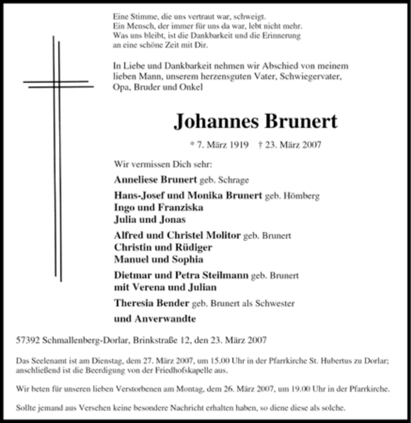  Traueranzeige für Johannes Brunert vom 24.03.2007 aus Tageszeitung
