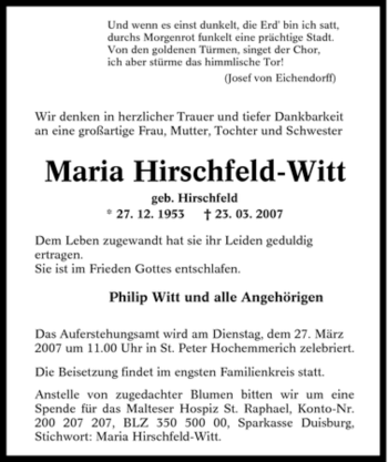 Traueranzeige von Maria Hirschfeld-Witt von Tageszeitung