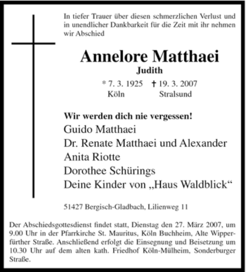 Traueranzeige von Annelore Matthaei von Tageszeitung