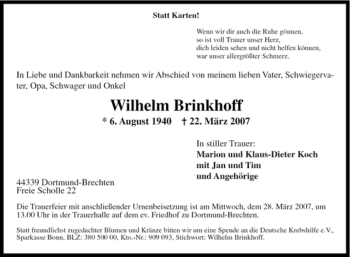 Traueranzeige von Wilhelm Brinkhoff von Tageszeitung