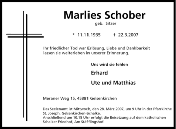 Traueranzeige von Marlies Schober von Tageszeitung