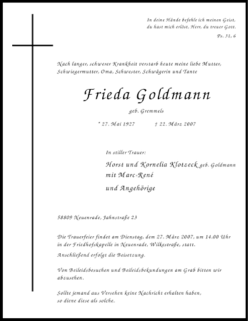 Traueranzeige von Frieda Goldmann von Tageszeitung