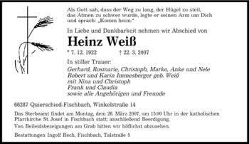 Traueranzeige von Heinz Weiß von Tageszeitung