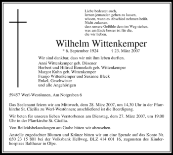 Traueranzeige von Wilhelm Wittenkemper von Tageszeitung