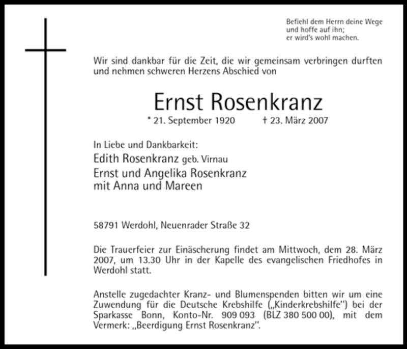  Traueranzeige für Ernst Rosenkranz vom 26.03.2007 aus Tageszeitung