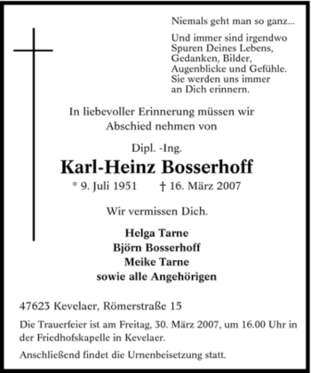 Traueranzeige von Karl-Heinz Bosserhoff von Tageszeitung