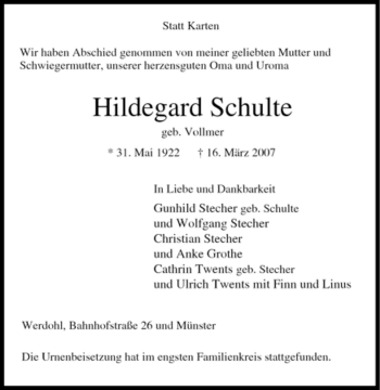 Traueranzeige von Hildegard Schulte von Tageszeitung