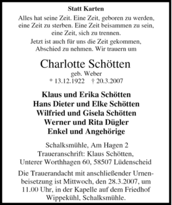 Traueranzeige von Charlotte Schötten von Tageszeitung