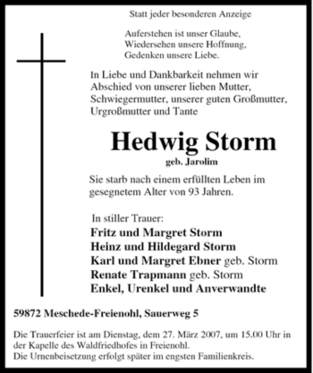 Traueranzeige von Hedwig Storm von Tageszeitung