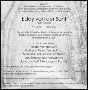 Traueranzeige von Eddy van der Sant von Tageszeitung