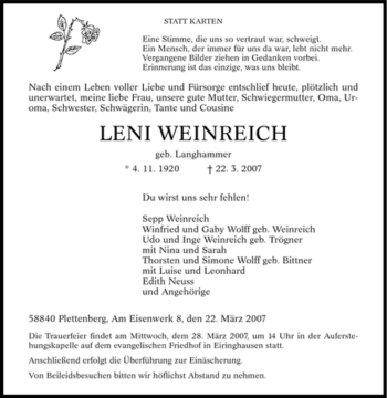 Traueranzeige von Leni Weinreich von Tageszeitung