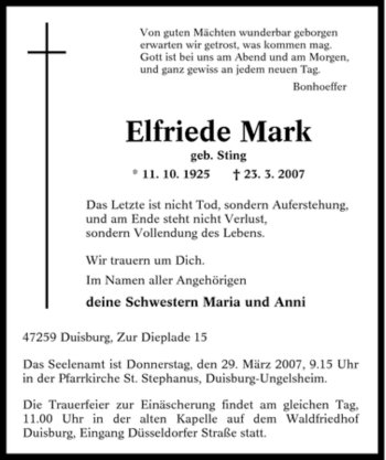 Traueranzeige von Elfriede Mark von Tageszeitung