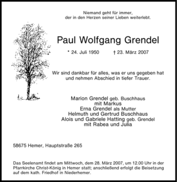 Traueranzeige von Paul Wolfgang Grendel von Tageszeitung