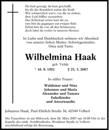 Traueranzeige von Wilhelmina Haak von Tageszeitung