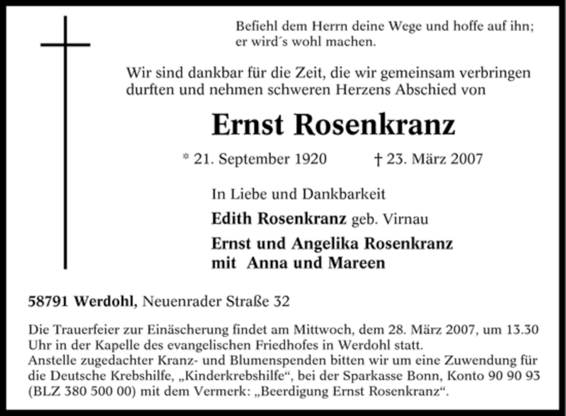  Traueranzeige für Ernst Rosenkranz vom 26.03.2007 aus Tageszeitung