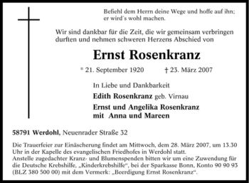 Traueranzeige von Ernst Rosenkranz von Tageszeitung