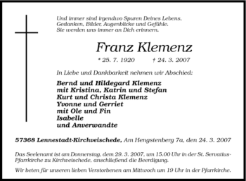 Traueranzeige von Franz Klemenz von Tageszeitung