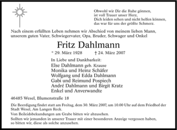 Traueranzeige von Fritz Dahlmann von Tageszeitung