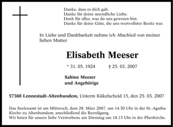 Traueranzeige von Elisabeth Meeser von Tageszeitung