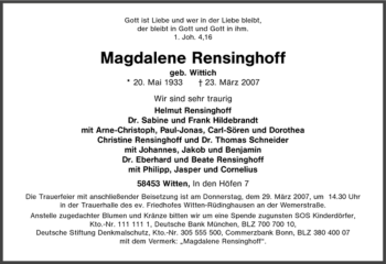 Traueranzeige von Magdalene Rensinghoff von Tageszeitung