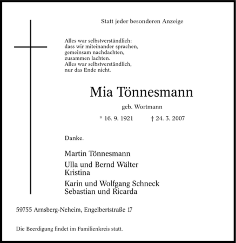  Traueranzeige für Maria Tönnesmann vom 26.03.2007 aus Tageszeitung