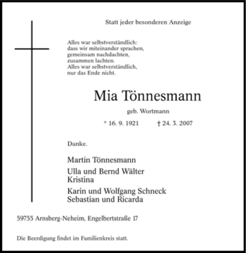 Traueranzeige von Maria Tönnesmann von Tageszeitung