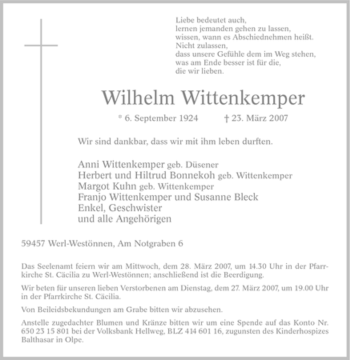 Traueranzeige von Wilhelm Wittenkemper von Tageszeitung