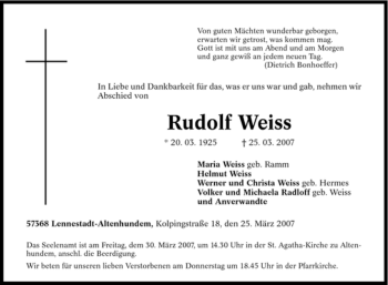 Traueranzeige von Rudolf Weiss von Tageszeitung