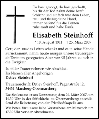 Traueranzeige von Elisabeth Steinhoff von Tageszeitung