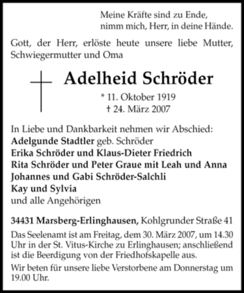 Traueranzeige von Adelheid Schröder von Tageszeitung