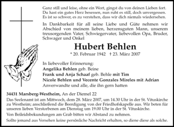 Traueranzeige von Hubert Behlen von Tageszeitung