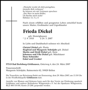 Traueranzeige von Frieda Dickel von Tageszeitung