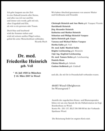 Traueranzeige von Friederike Heinrich von Tageszeitung