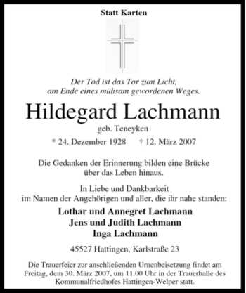 Traueranzeige von Hildegard Lachmann von Tageszeitung