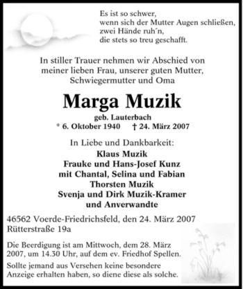 Traueranzeige von Marga Muzik von Tageszeitung