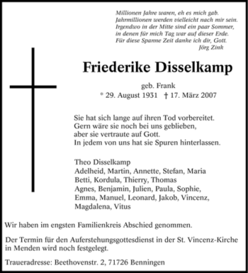Traueranzeige von Friederike Disselkamp von Tageszeitung