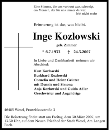 Traueranzeige von Inge Kozlowski von Tageszeitung