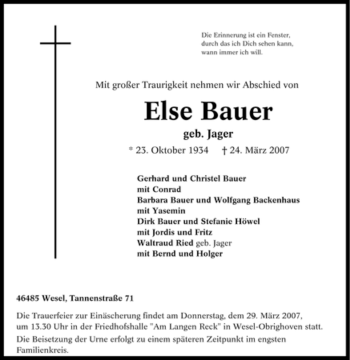 Traueranzeige von Else Bauer von Tageszeitung