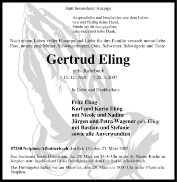 Traueranzeige von Gertrud Eling von Tageszeitung