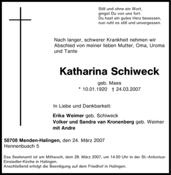 Traueranzeige von Katharina Schiweck von Tageszeitung