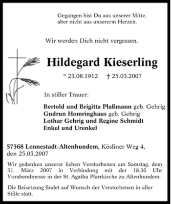 Traueranzeige von Hildegard Kieserling von Tageszeitung