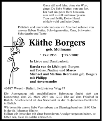 Traueranzeige von Käthe Borgers von Tageszeitung