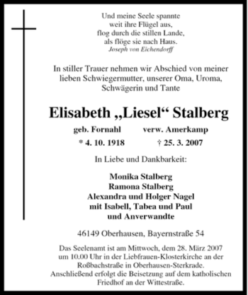 Traueranzeige von Elisabeth Stalberg von Tageszeitung