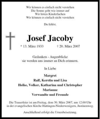 Traueranzeige von Josef Jacoby von Tageszeitung