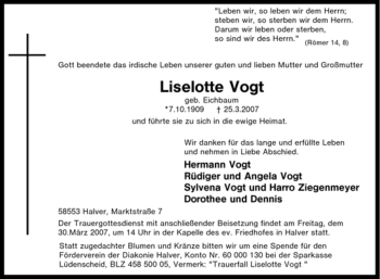 Traueranzeige von Liselotte Vogt von Tageszeitung