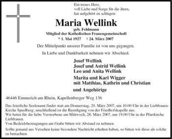Traueranzeige von Maria Wellink von Tageszeitung