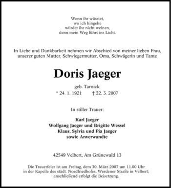 Traueranzeige von Doris Jaeger von Tageszeitung