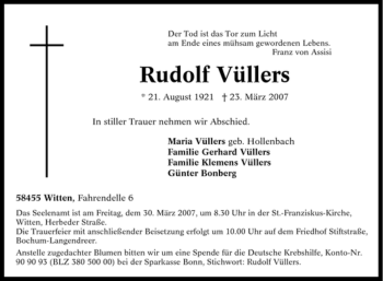 Traueranzeige von Rudolf Vüllers von Tageszeitung